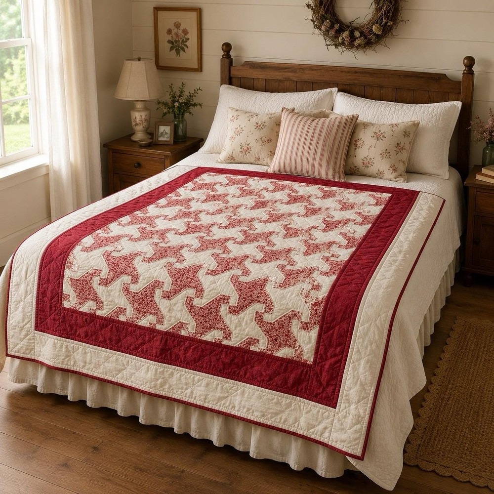 Vintage Handmade Quilt Patchwork 90x68" Red Tan Snail Trail Country Cottagecore
